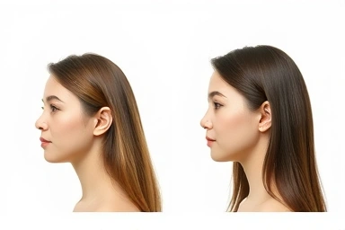 Before and after of face slimming with root volume.
